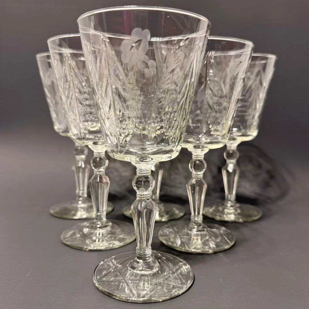 Vintage Libbey Rock Sharpe Crystal Wine Glass Water Goblet Set 6 Etched Floral
